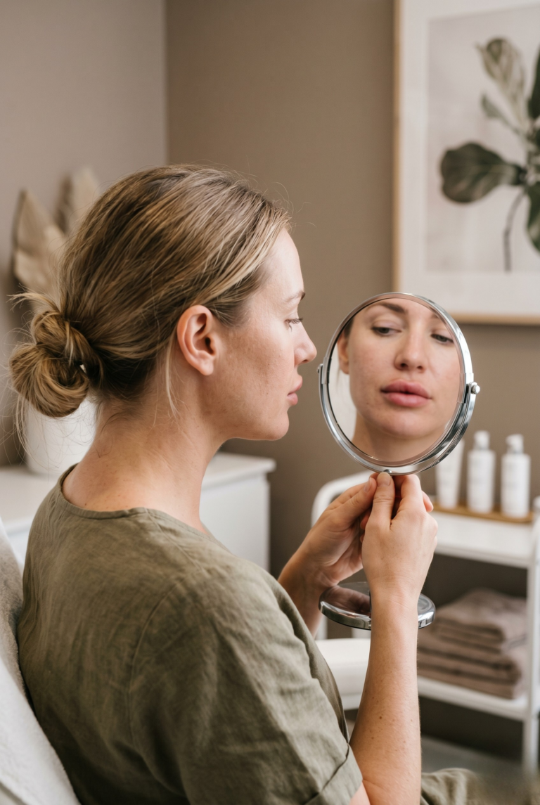 Vrouw kijkt in handspiegel na lipfiller behandeling